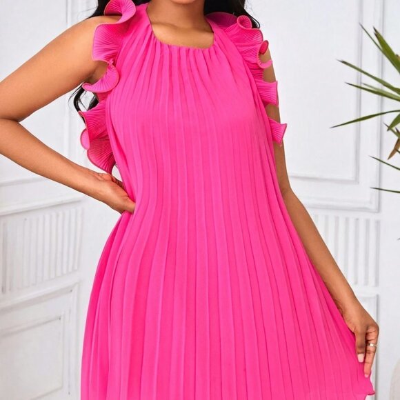 Pink Boho Womens Ruffle Trim Pleated Dress - Picture 4 of 5